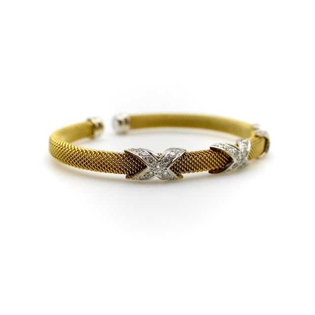 Vintage 14k Gold Woven Cuff Bracelet With Diamond X Details For Sale - Image 4 of 11