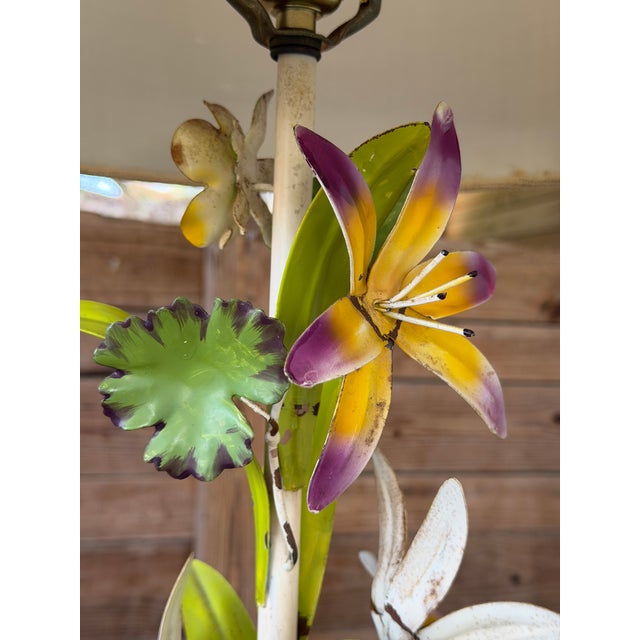 Metal Vintage Italian Tole Floral Table Lamp With Hand-Painted Flowers For Sale - Image 7 of 11