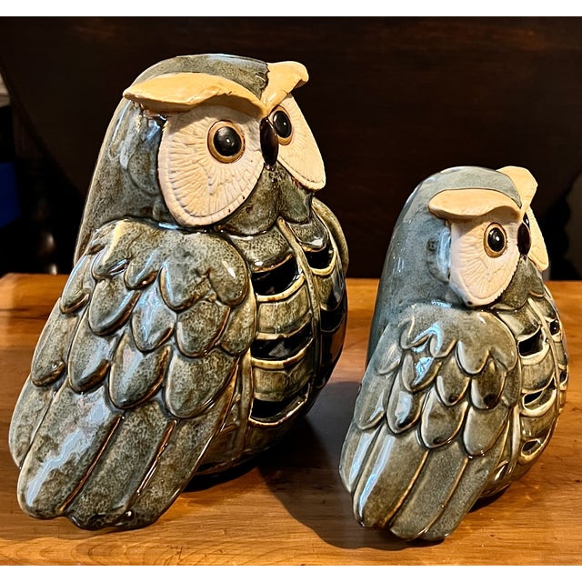 Beige Vintage Japanese Mottled Glazed Stoneware Owl Candle Lanterns, 1970s, Set of 2 For Sale - Image 8 of 11