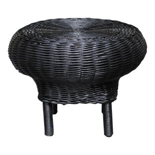 Mid 20th Century Vintage Black Wicker Mushroom Shaped Round Ottoman Footstool For Sale