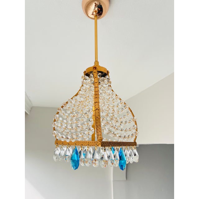 Pair Match Elegant Vintage Brass & Crystal Empire Cage Chandelier An exceptional vintage lighting fixture highlighting a...