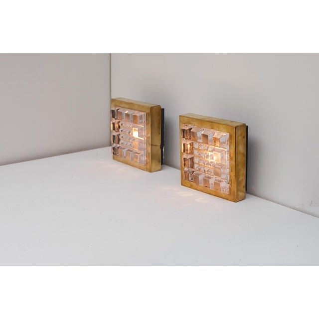 Swedish Brutalist Glass and Brass Wall Lamps from Falkenbergs Belysning, Set of 2 For Sale - Image 4 of 18