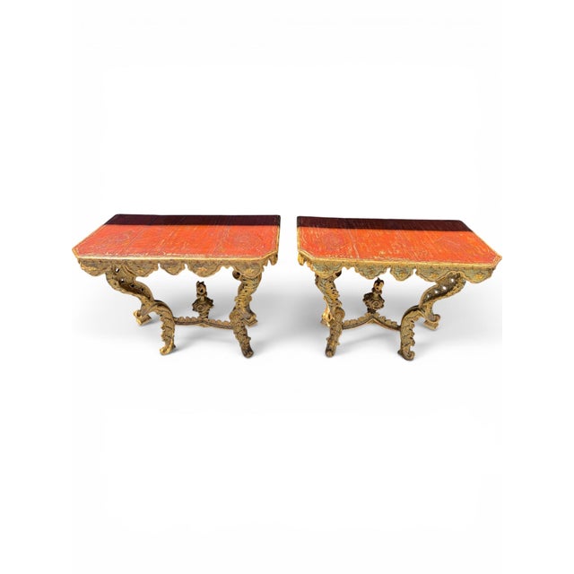 Pair of Rare 18th C. Venetian Giltwood Console Tables With Red-Painted Tops For Sale In Los Angeles - Image 6 of 9