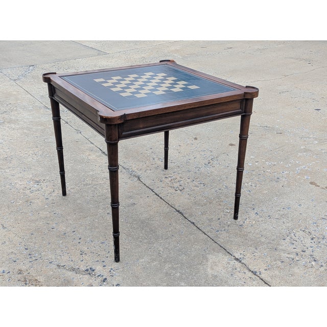 Drexel Fine Carved Mahogany Faux Bamboo Leg Flip Top Game Chess Board Table Circa 1940s For Sale - Image 9 of 10