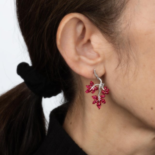 Contemporary Ruby Diamond Maple Leaf Earrings Estate 1.5" Drops 18k White Gold Fine Jewelry, Pair For Sale - Image 3 of 3