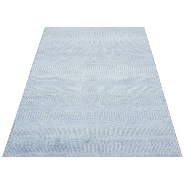 Contemporary 2020s Modern Savannah Wool Runner Handmade With Subtle Geometric Motif in Light Blue For Sale - Image 3 of 7