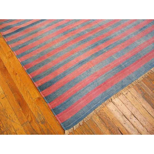 Early 20th Century Handmade Raspebery Pink and Blue Stripe Pattern Dhurrie Style Antique Indian Cotton Rug For Sale - Image 5 of 5