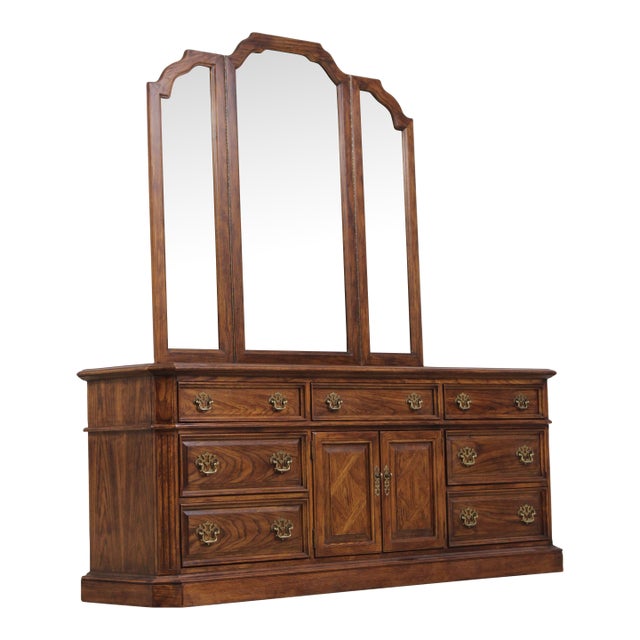 Thomasville Oak Long Dresser W. Trifold Mirror For Sale