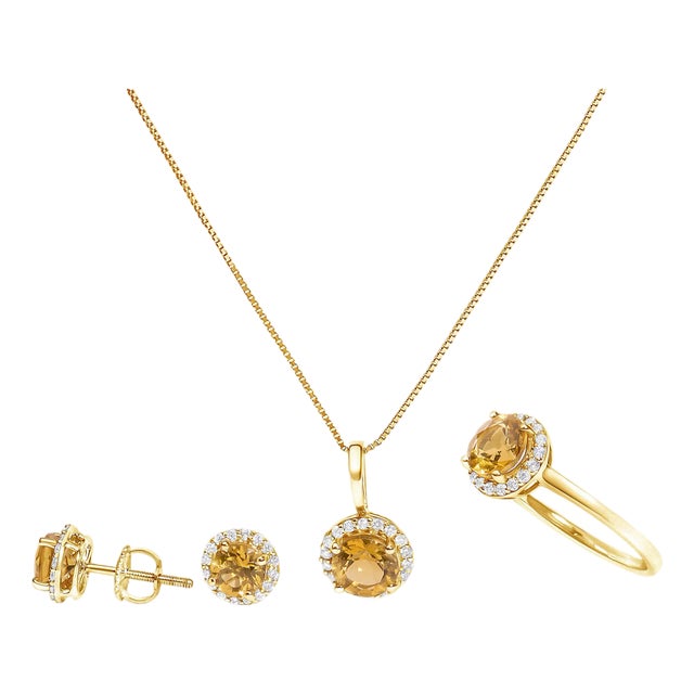 10K Yellow Gold Orange Citrine and 3/8 Cttw Diamond Halo Jewelry Set (Earrings, Pendant & Ring) For Sale