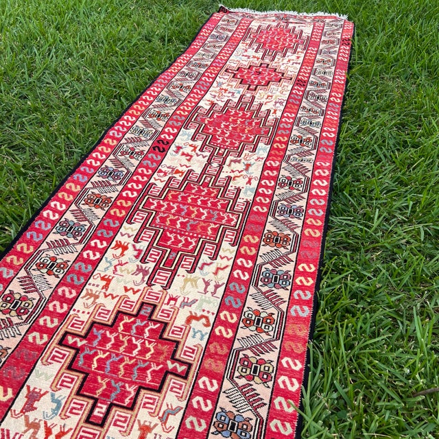 Boho Chic Vintage Silk and Wool Embroidered Soumak Runner Rug For Sale - Image 3 of 6