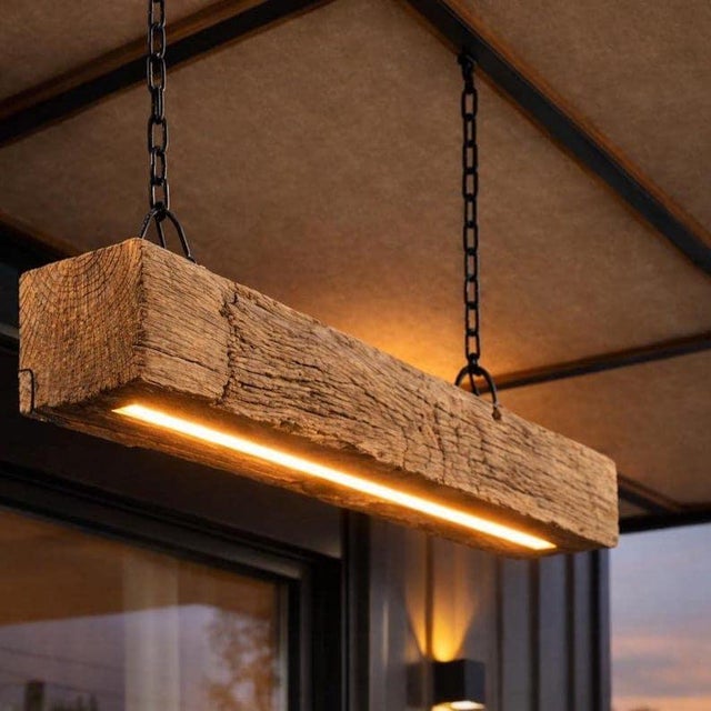 Reclaimed Oak Beam Chandelier | Rustic Farmhouse Pendant Light, Integrated Led Fixture For Sale - Image 6 of 7