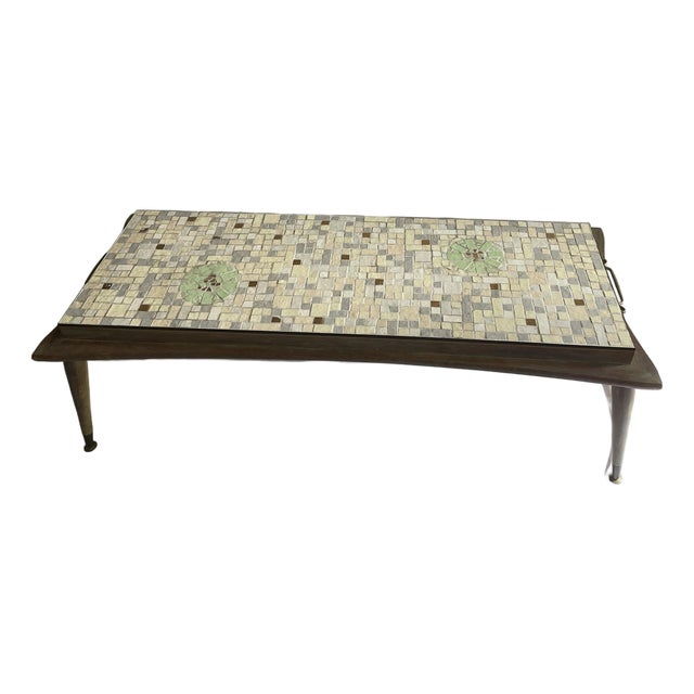 Mid 20th Century Wood and Tiles Coffee Table Rectangular With Side Handles For Sale