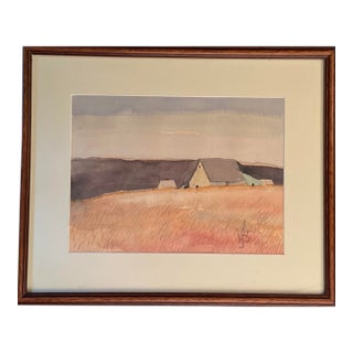Vintage Charming Original Watercolor in the Style of Andrew Wyeth Barn and Field Framed Painting of New England For Sale