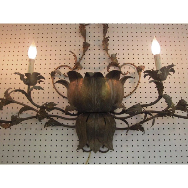 1940s Vintage Italian Brass Gilded Lotus Wall Sconce For Sale - Image 4 of 7