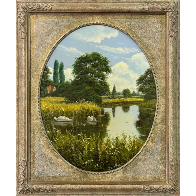 Pair - Ornately framed Oval English River Flower Scenes with Swans, Cows, Sheep 1990 (Circa) For Sale - Image 9 of 16