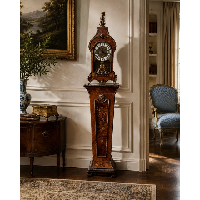 A spectacular antique Italian Louis XV style longcase pedestal clock, dating to circa 1920. This striking two-piece...