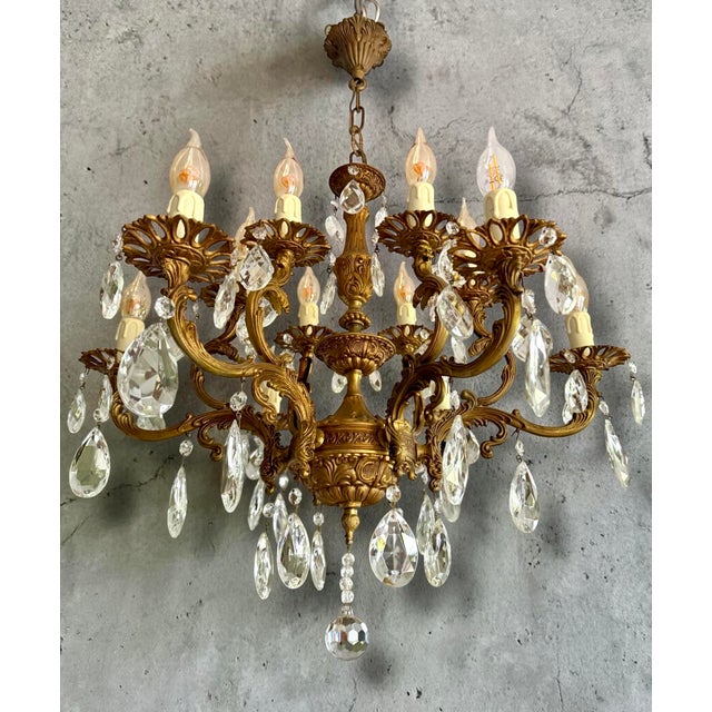 Antique Gilded 12-Light Crystal Chandelier, 1890s For Sale - Image 9 of 11