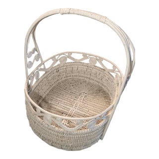 Victorian Wicker White Large Basket With Scrolls.1860-1900 Handmade For Sale