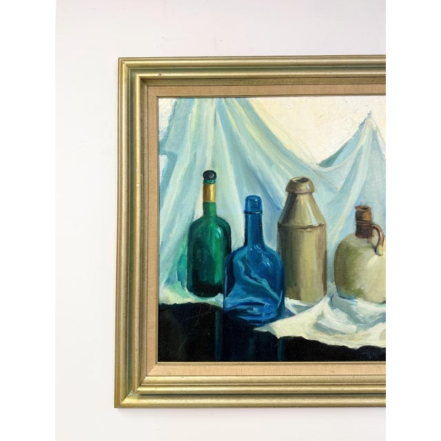 Vintage Original Oil Painting Still Life Bottles Jugs, Framed Art, Canvas, Blue For Sale In Tampa - Image 6 of 11