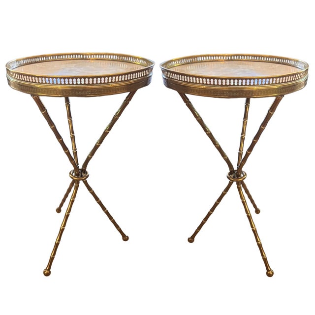 Metal Mid-Century Brass and Marble Faux Bamboo Tripod Side Tables, France, 1950s, Set of 2 For Sale - Image 7 of 7