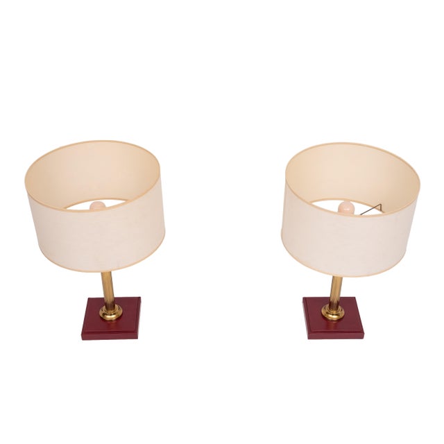 Mid-Century Modern Red Stich Leather Table Lamps by Jacques Adnet, France, 1960s, Set of 2 For Sale - Image 3 of 9