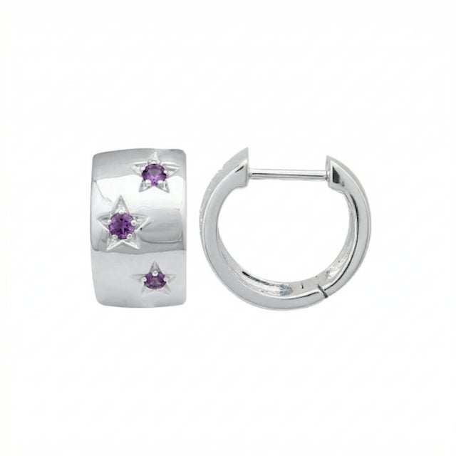 Amethyst Star Hoop Earrings, Sterling Silver Huggie Hoops, Purple Gemstone Earrings, Birthstone Jewelry - A Pair For Sale - Image 4 of 4