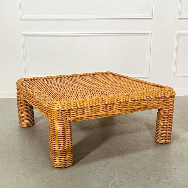 Traditional 80's Palm Beach Regency Twisted Rattan Wicker Square Coffee Table For Sale - Image 3 of 5