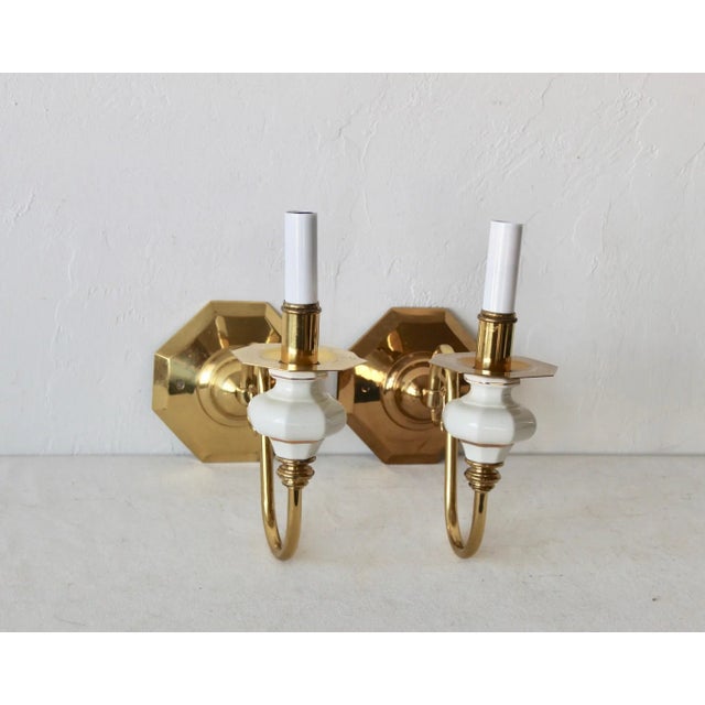 Brass Wall Sconces Genuine White Porcelain 24k Gold Trim Detail Vintage Mid Century-A Pair For Sale - Image 9 of 10