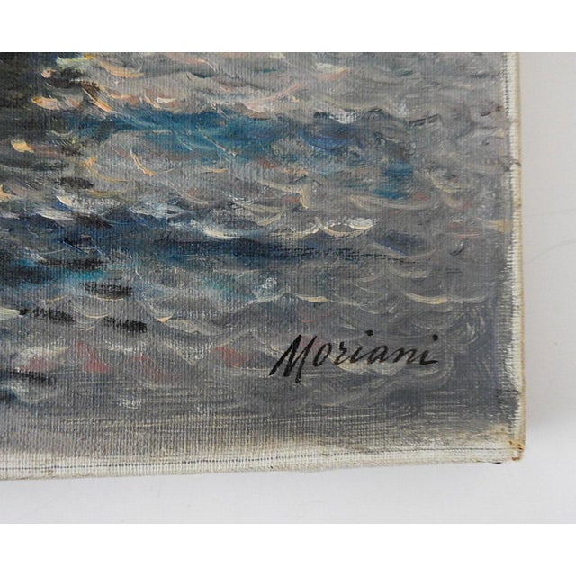 Vintage early 20th century oil on canvas painting of fishing and sailboats at sunrise. Signed Moriani lower right. Likely...
