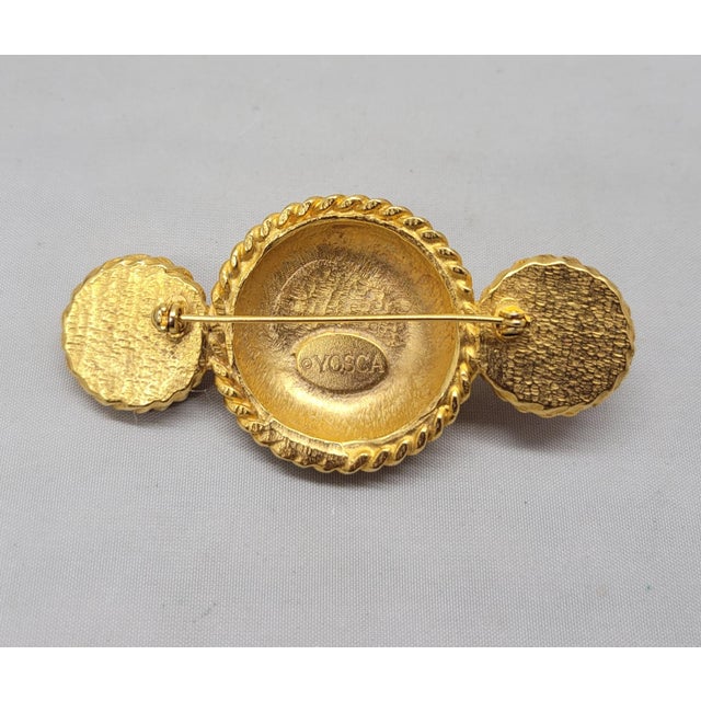 Metal Vintage Signed Gerard Yosca Goldtone Red Faux-Pearl Brooch For Sale - Image 7 of 7