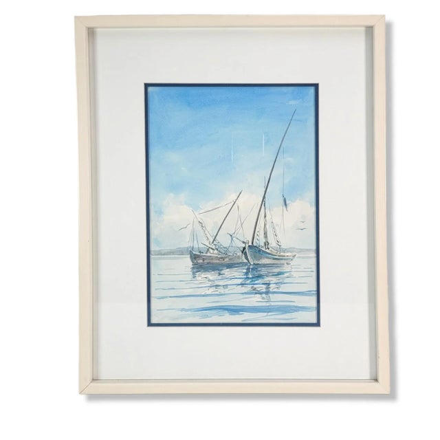 Harbor Boat Seascape Watercolor Painting Attributed to Ray Prosser For Sale - Image 11 of 11