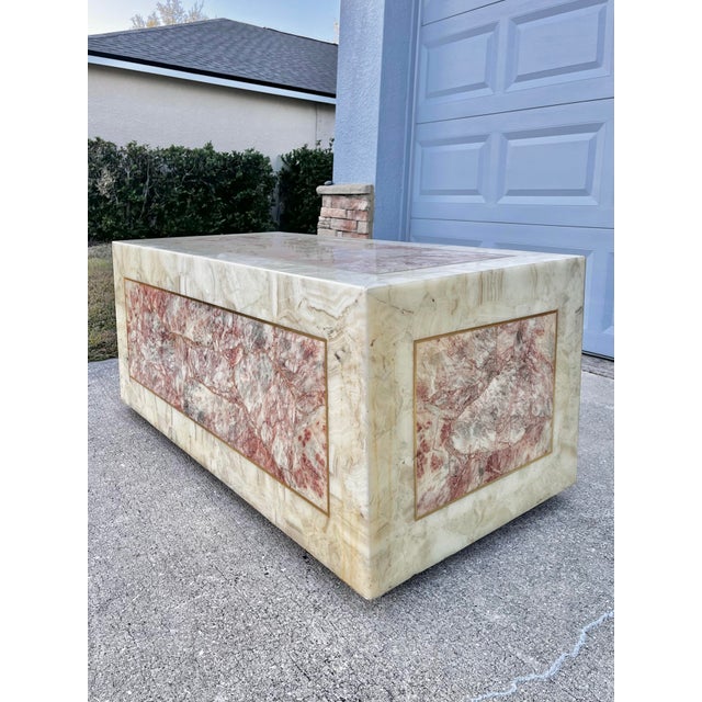 Gemstone Vintage Modern Stone Coffee Table With Pink Onyx Inset on Casters | Signed by Mueller’s of Mexico With Arturo Pani in Late 20th Century For Sale - Image 7 of 12
