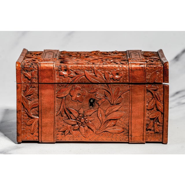 Stunning Hand Carved Antique Victorian Wood Trunk Box Floral Keepsake Casket Home Decor For Sale In New York - Image 6 of 14