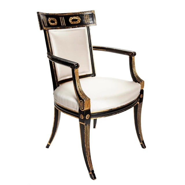 Wood Early 19th Century Italian Regency Style Ebony & Gilt Armchairs in European Silk - a Pair For Sale - Image 7 of 13