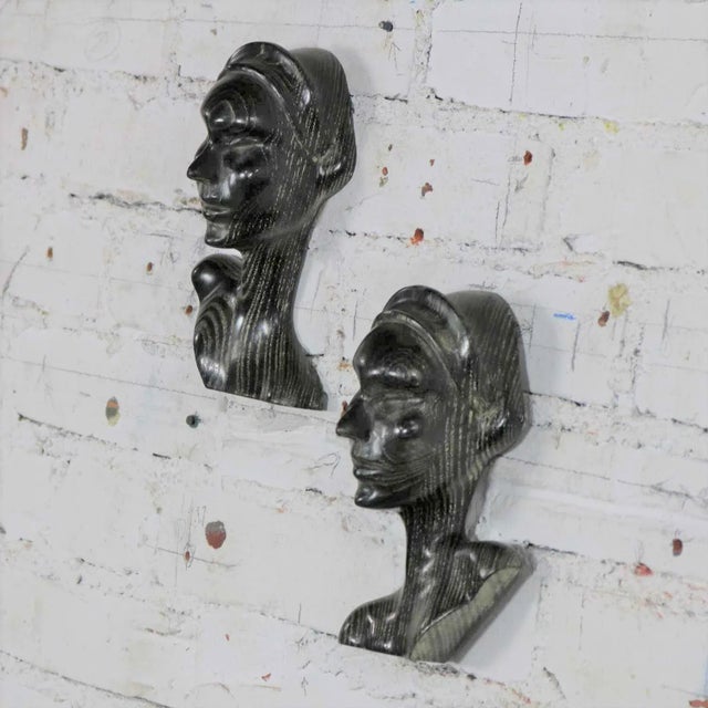 MCM to Art Deco Style Ebonized Oak Carved Female Bust Vintage Wall Sculptures, a Pair For Sale - Image 6 of 13