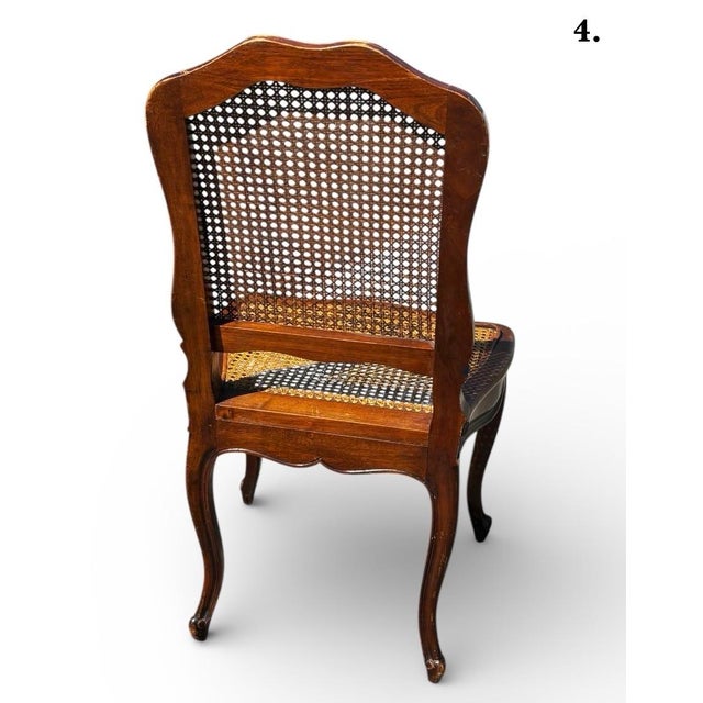 Mid 20th Century Set of 4 Mid 20th Century French Louis XV Style Walnut Caned Dining Chairs — Handwoven Cane Seats & Backs For Sale - Image 5 of 12