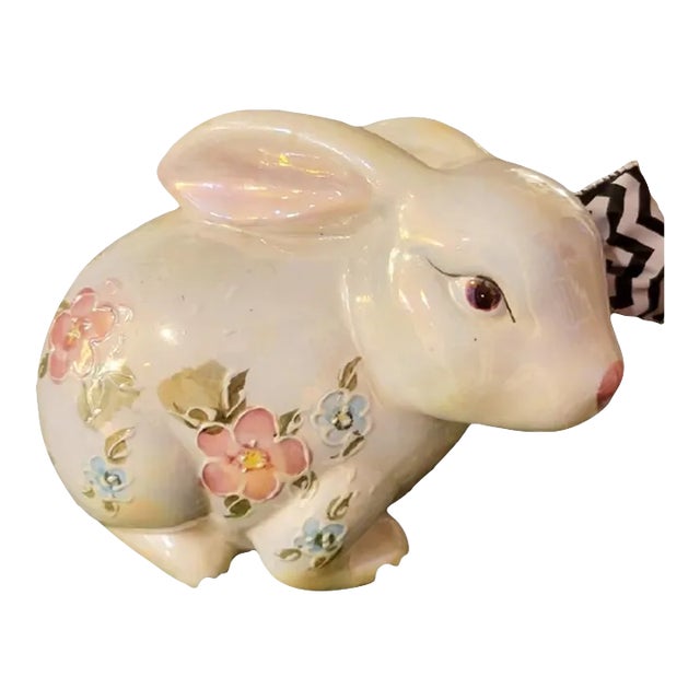 Vintage Ceramic Raised Floral Black White Bow Tie Bunny Rabbit Statue Room Decor For Sale