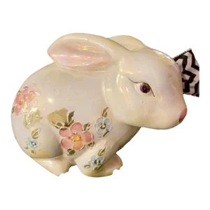 Vintage Ceramic Raised Floral Black White Bow Tie Bunny Rabbit Statue Room Decor