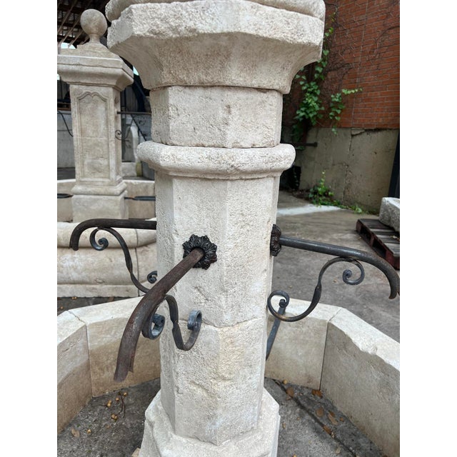 French Country Pernes French Limestone 4-Spout Center Fountain With Shaped Basin Walls For Sale - Image 3 of 16