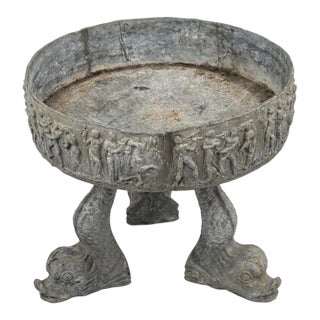 Vintage Neoclassical Relief-Carved Lead Garden Planter on Dolphin Tripod Base For Sale