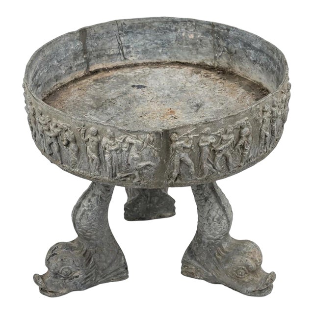 Vintage Neoclassical Relief-Carved Lead Garden Planter on Dolphin Tripod Base For Sale