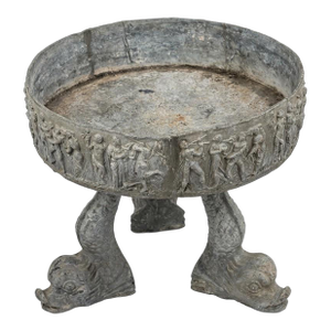 Vintage Neoclassical Relief-Carved Lead Garden Planter on Dolphin Tripod Base