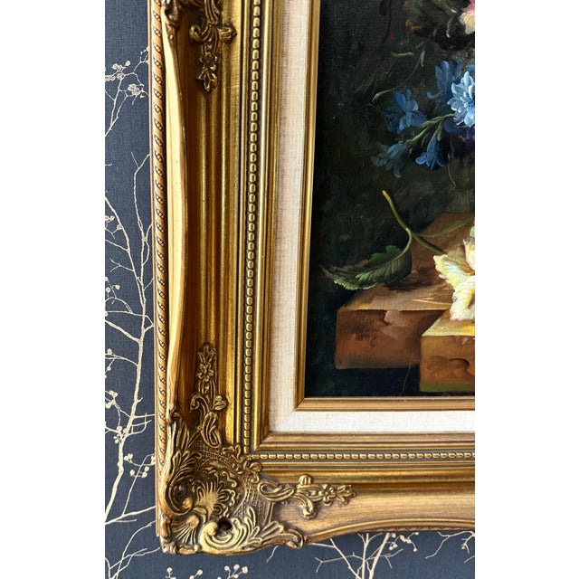 Large Floral Still Life Oil Painting in Ornate Gilt Frame Vintage European Style For Sale - Image 4 of 7