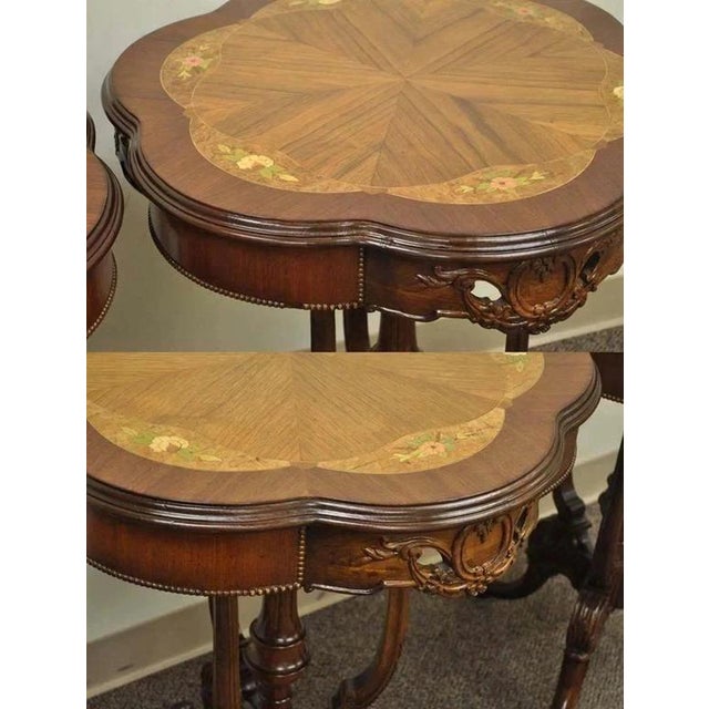 Brown Antique French Louis XV Style Satinwood Floral Inlay Walnut Side Tables - A Pair For Sale - Image 8 of 10