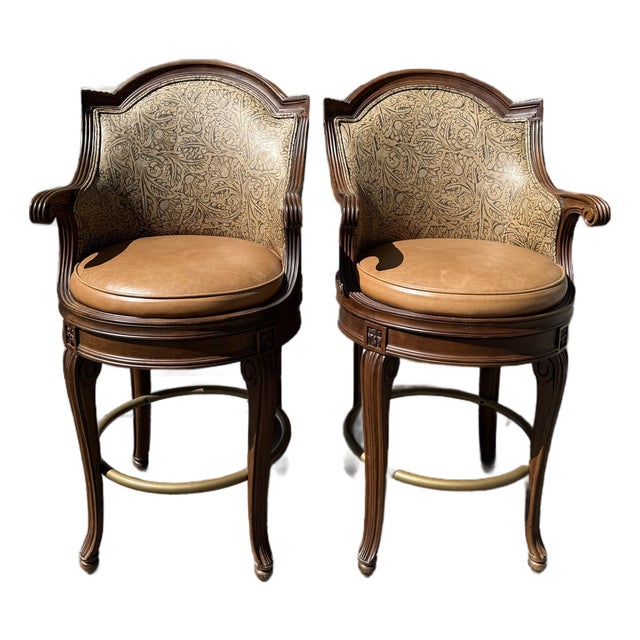 Pair of Century Furniture Savoy Swivel Bar Stools With Leather Seats and Paisley Upholstery For Sale