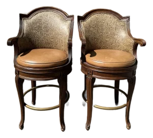 Pair of Century Furniture Savoy Swivel Bar Stools With Leather Seats and Paisley Upholstery
