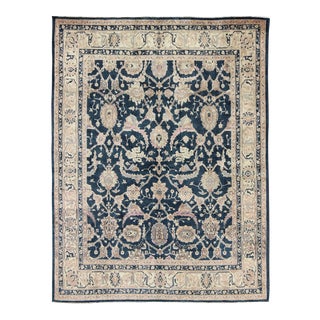 Turkish Rug With Deep Navy Background and Botanical Motifs For Sale