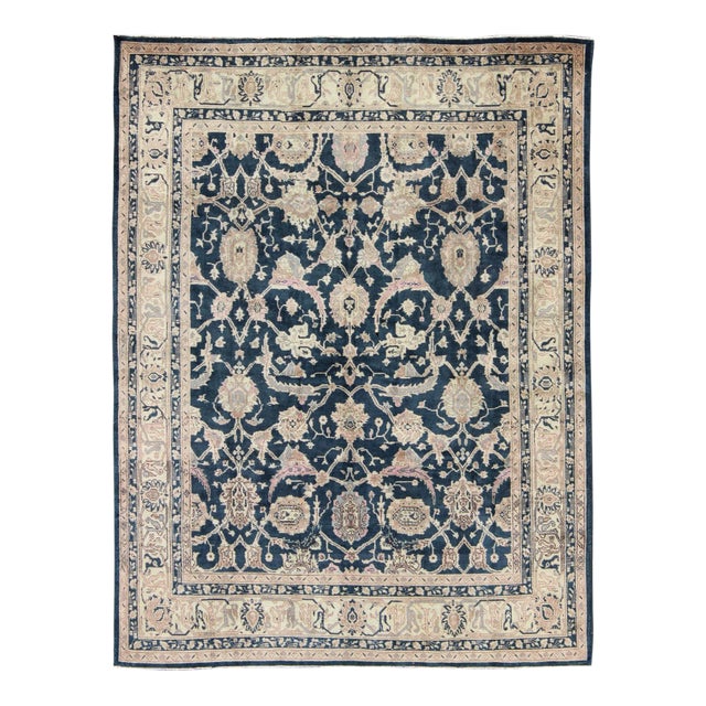 Turkish Rug With Deep Navy Background and Botanical Motifs For Sale