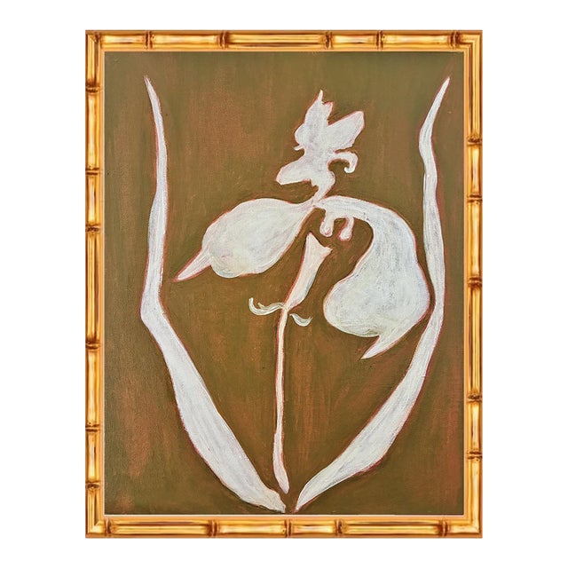 Original Framed Orchid Flower Painting, White Brown Earthy Wall Art, Oil on Canvas by Tatiana Duperault For Sale