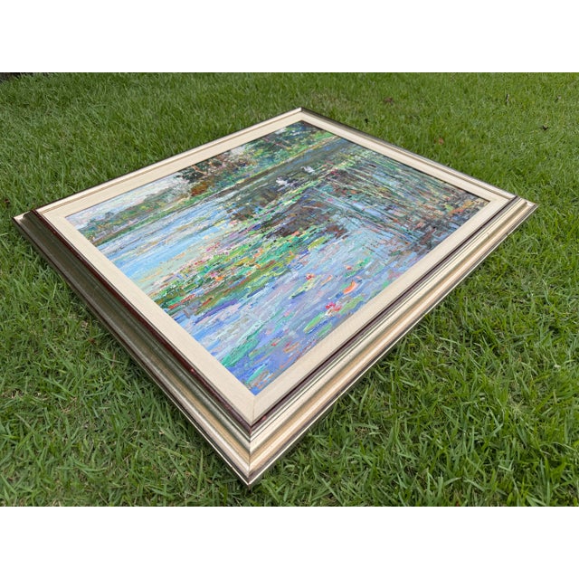 Lau Chun Water Lily Landscape Oil Painting on Canvas, Framed Impressionist Pond Scene For Sale - Image 9 of 12